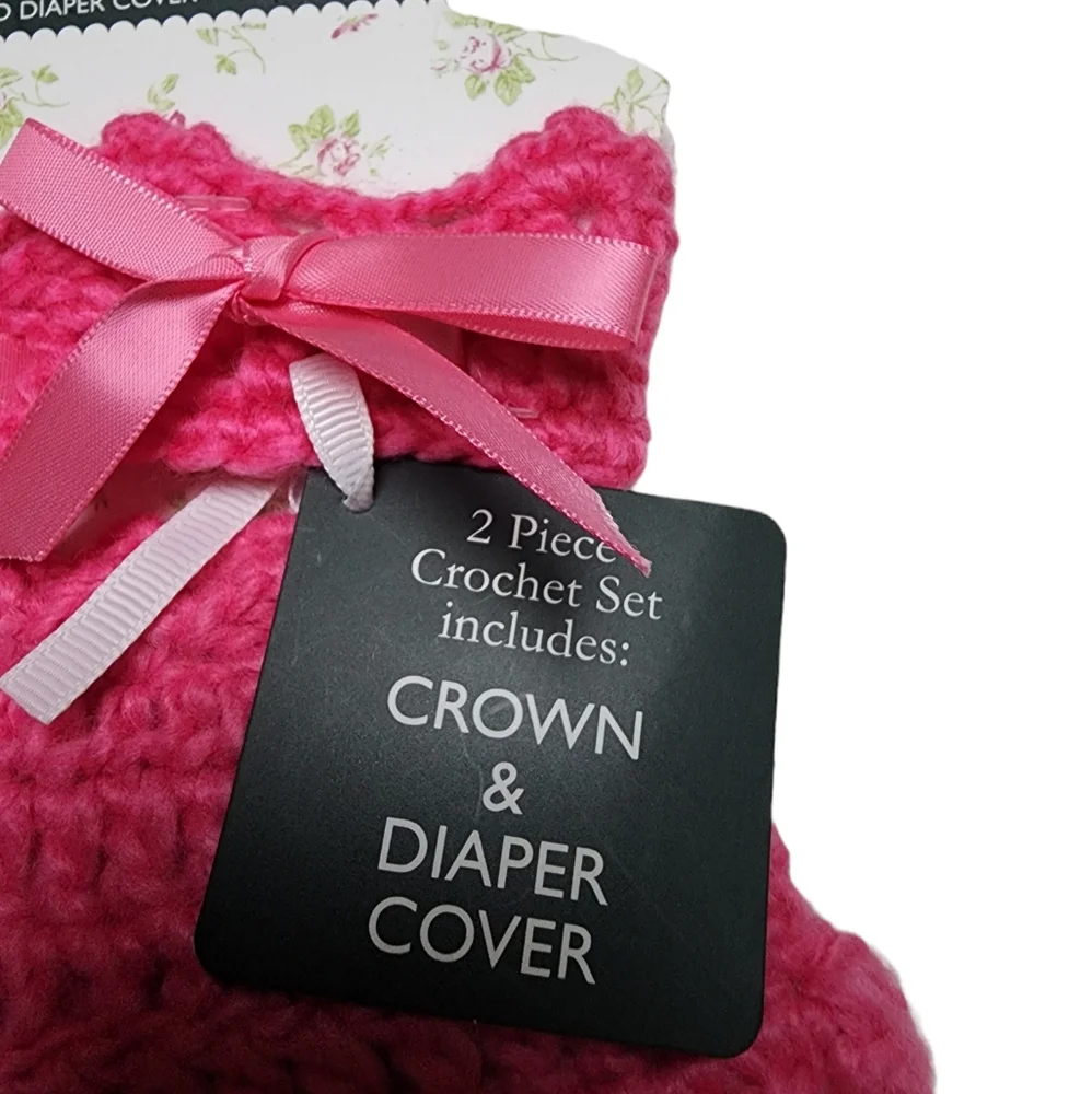 2 Piece Crochet Set Pink Crown and Diaper Cover by Laura Ashley 0- 6 mon…